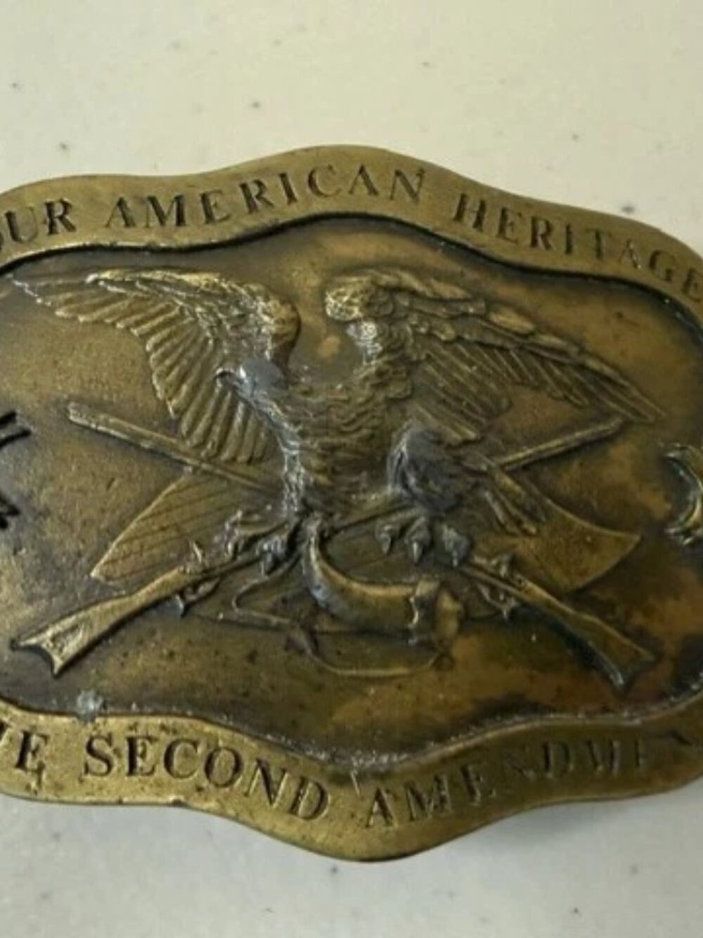 1977 INDIANA METAL Our American Heritage The Second Amendment Brass Belt Buckle